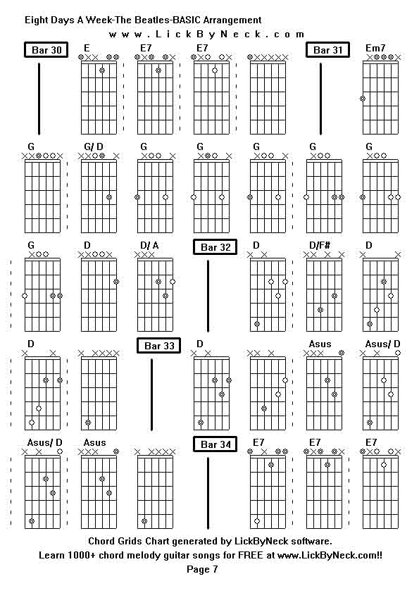 Chord Grids Chart of chord melody fingerstyle guitar song-Eight Days A Week-The Beatles-BASIC Arrangement,generated by LickByNeck software.